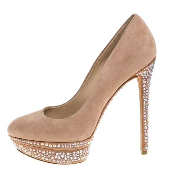 Brian Atwood Beige Suede Francoise Crystal Embellished Platform Pumps - Picture 4 of 7
